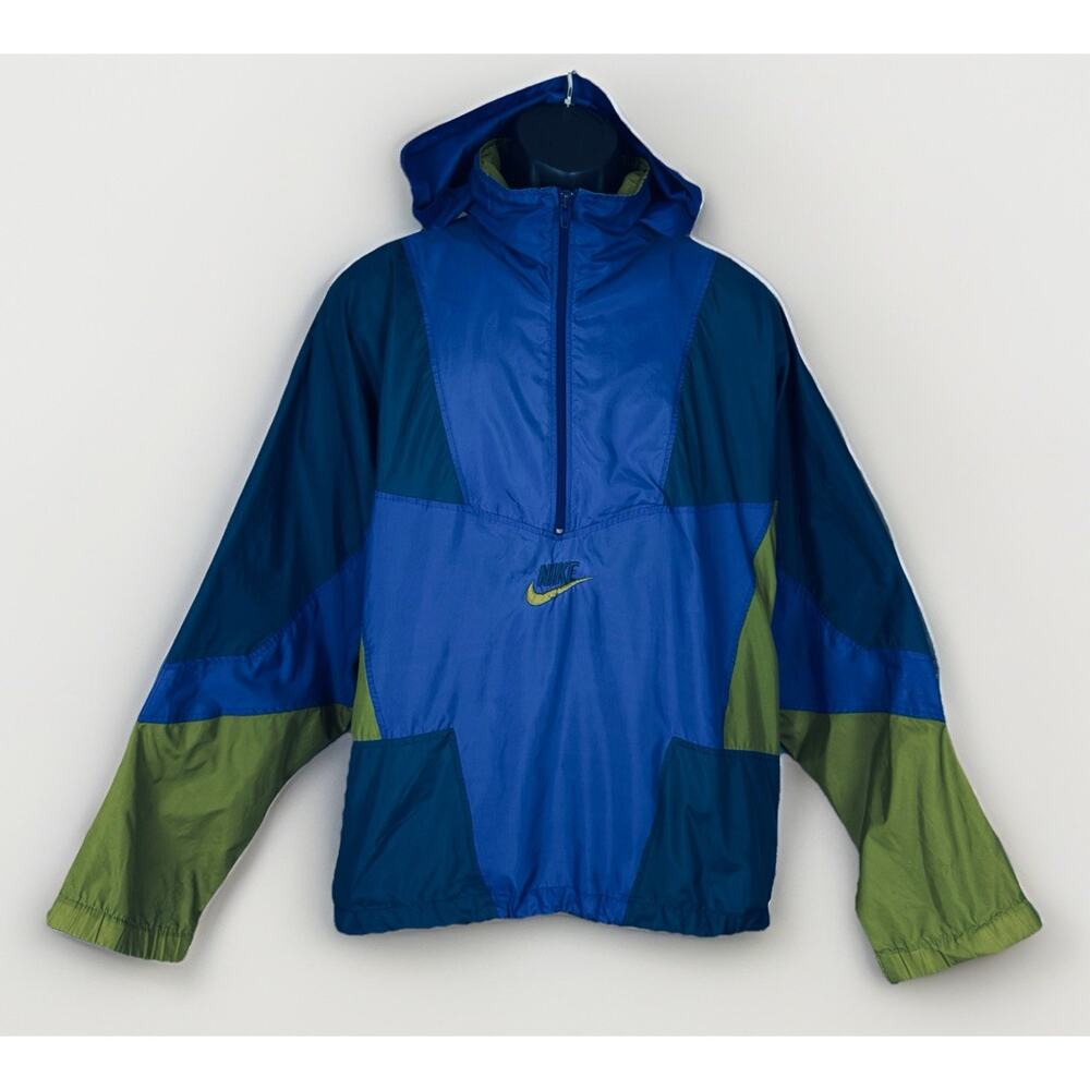 VTG 90s Nike‎ Windbreaker Jacket Blue Green Colorblock Men LG Pack Hood Half Zip